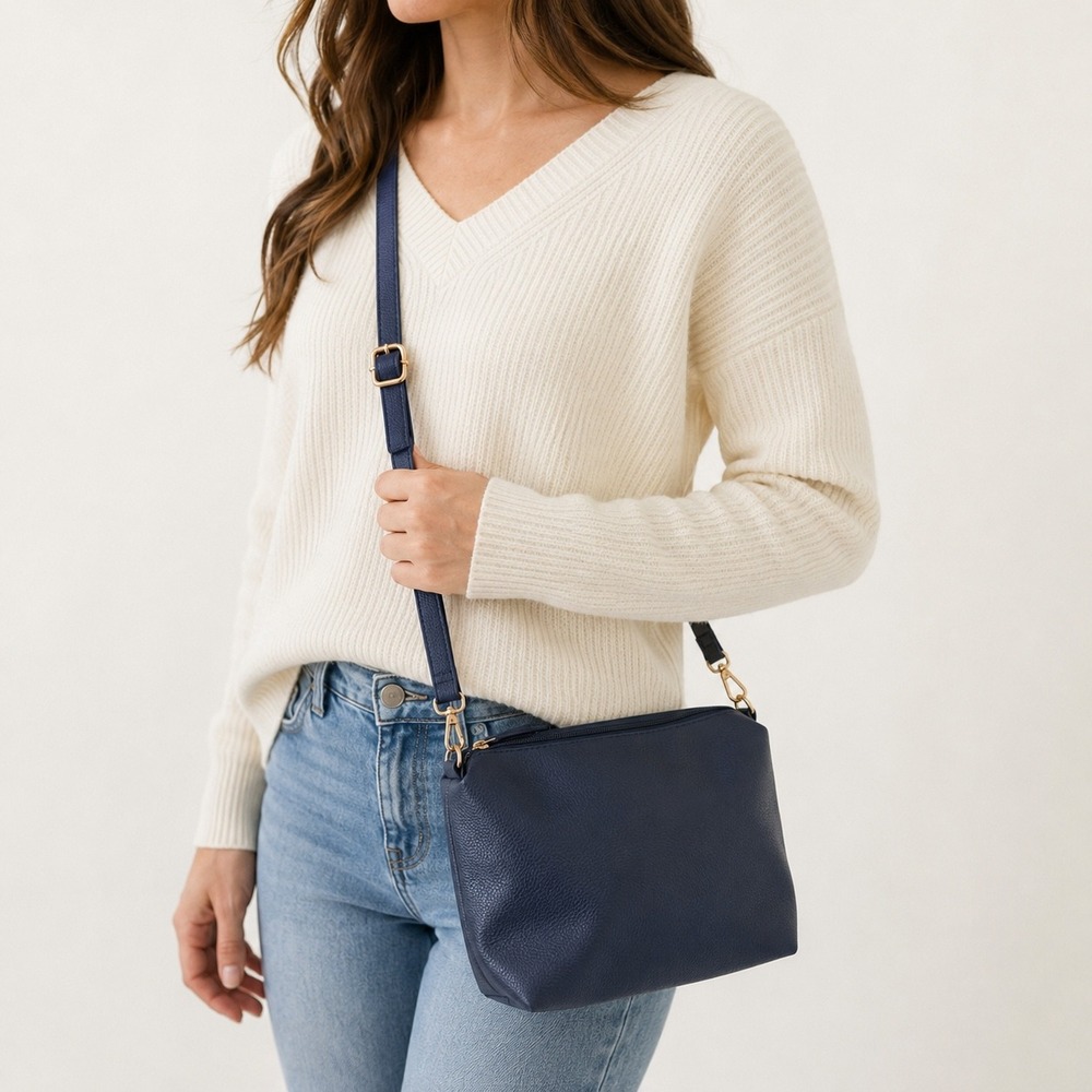 NEW Navy Pebbled Faux Leather Crossbody Bag Gold Hardware Minimalist Purse